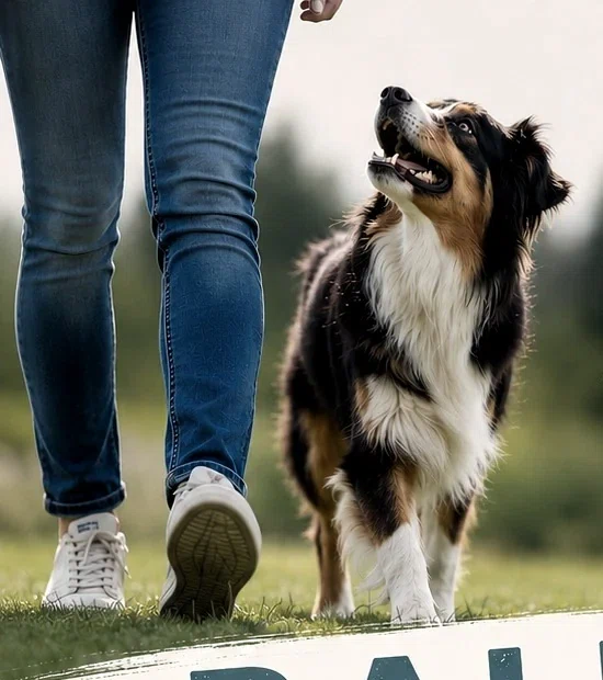 Ein schwarz-weißer Hund schaut beim Gehen neben seinem Menschen aufmerksam nach oben.