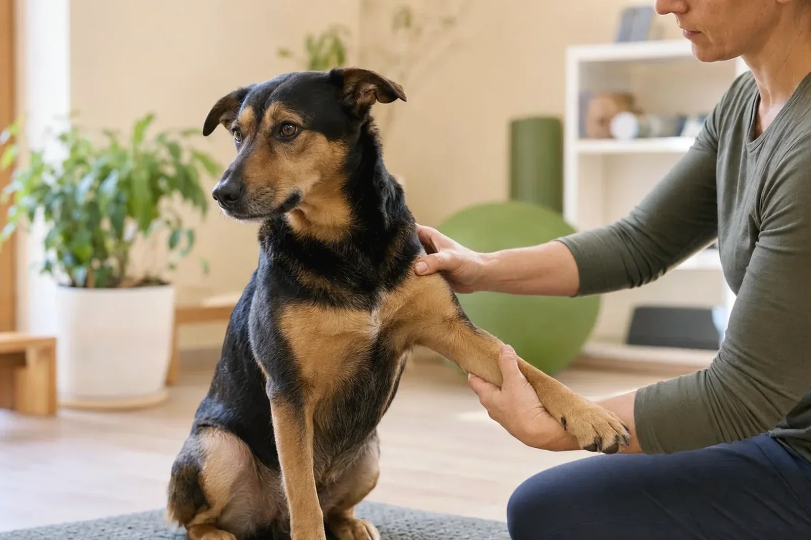 Eine Frau hält behutsam das Vorderbein eines sitzenden schwarz-braunen Hundes.