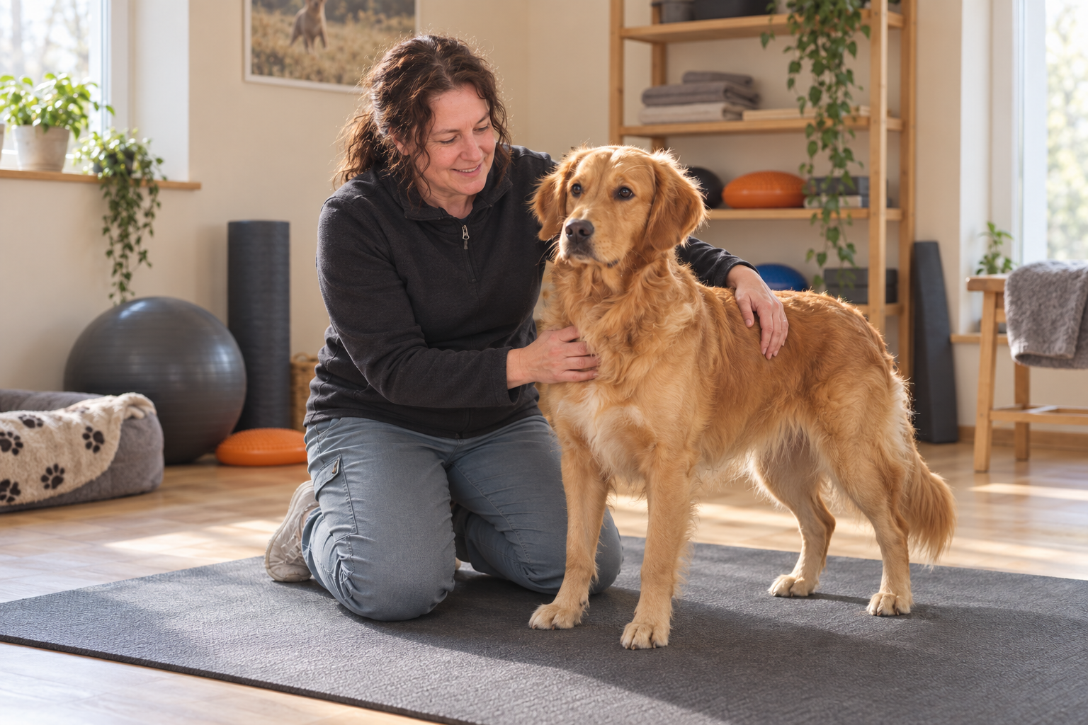 KI-generierte Illustration: Kerstin Ehses begleitet einen stehenden Golden Retriever auf einer rutschfesten Matte in einer Tierphysiopraxis.