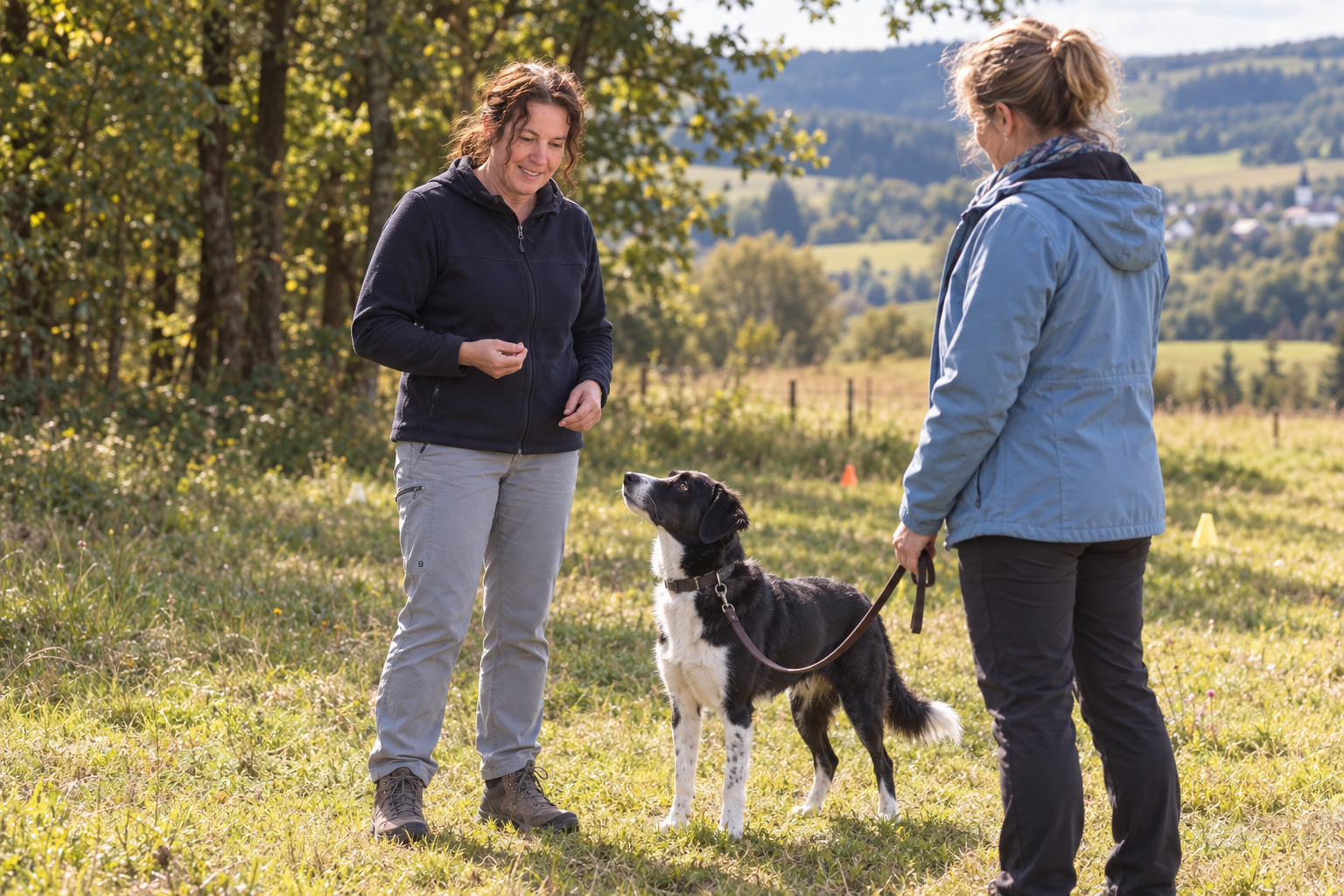 KI-generierte Illustration: Kerstin Ehses erklärt einer Hundehalterin auf einer Wiese eine Übung; ein schwarz-weißer Hund steht aufmerksam an lockerer Leine daneben.